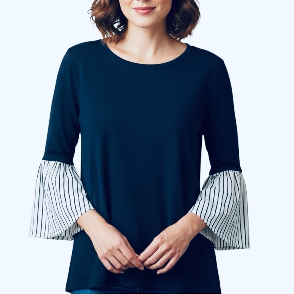 Crown & Ivy Navy Knit Top Blouse with Striped Poplin3/4 Bell Sleeves Large